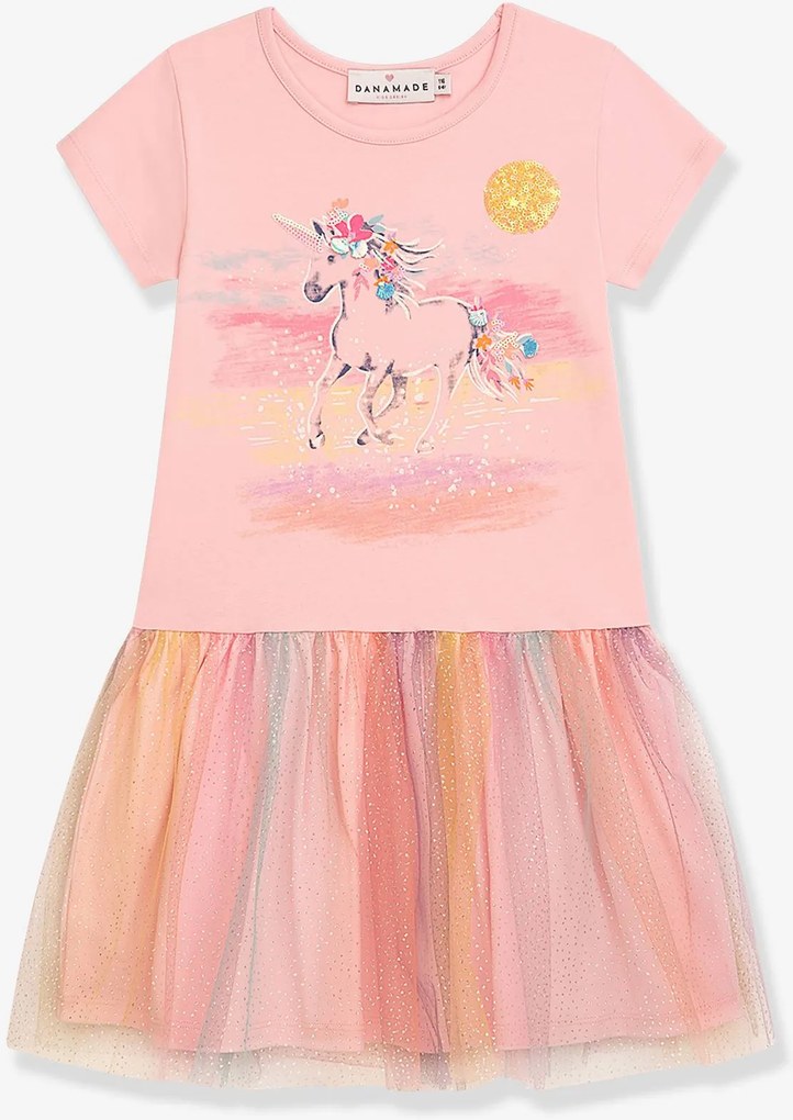 Vestido DANAMADE com unicórnio em lantejoulas e saia em tule para menina rosado