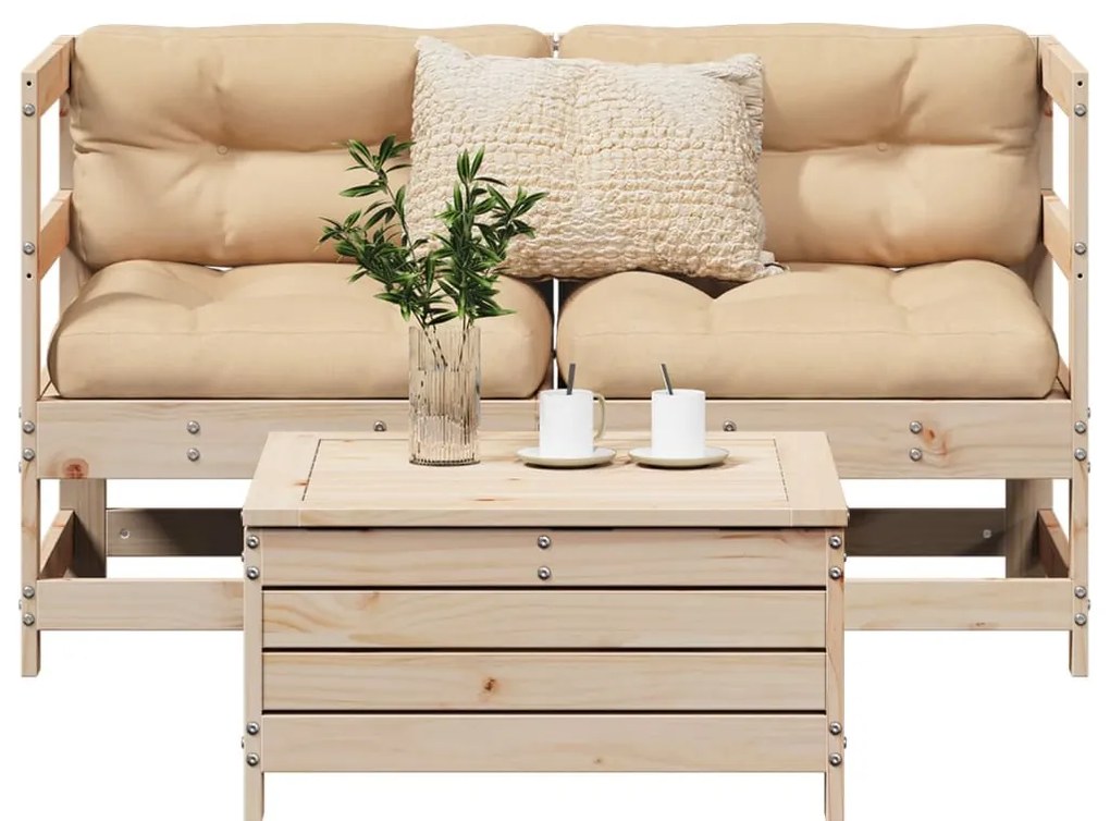 3 pcs conjunto sofás de jardim madeira de pinho maciça