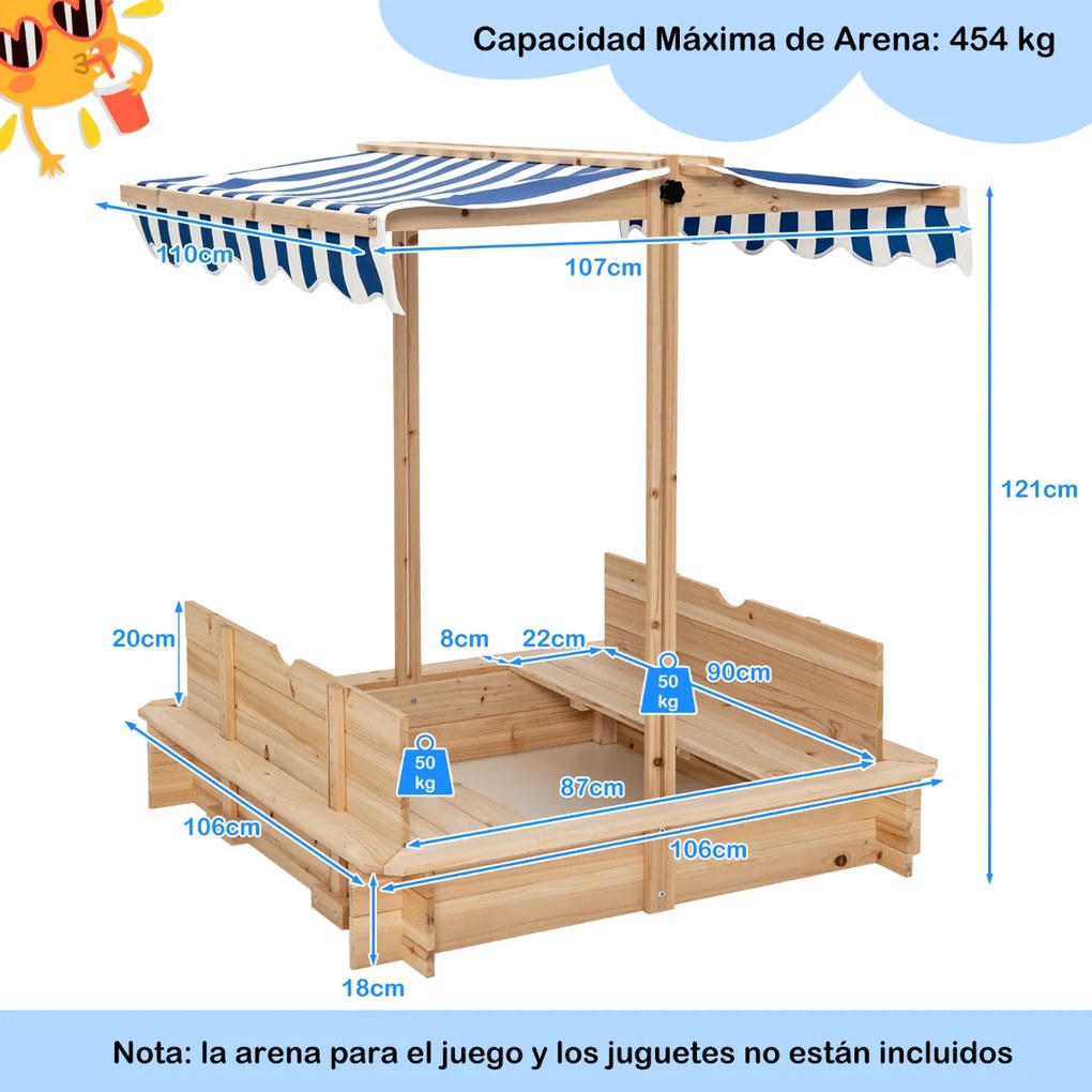 Caixa de Areia Parque para crianças ao ar livre  de madeira com 2 bancos convertíveis e telhado ajustável em altura sem fundo 110 x 107 x 121 cm