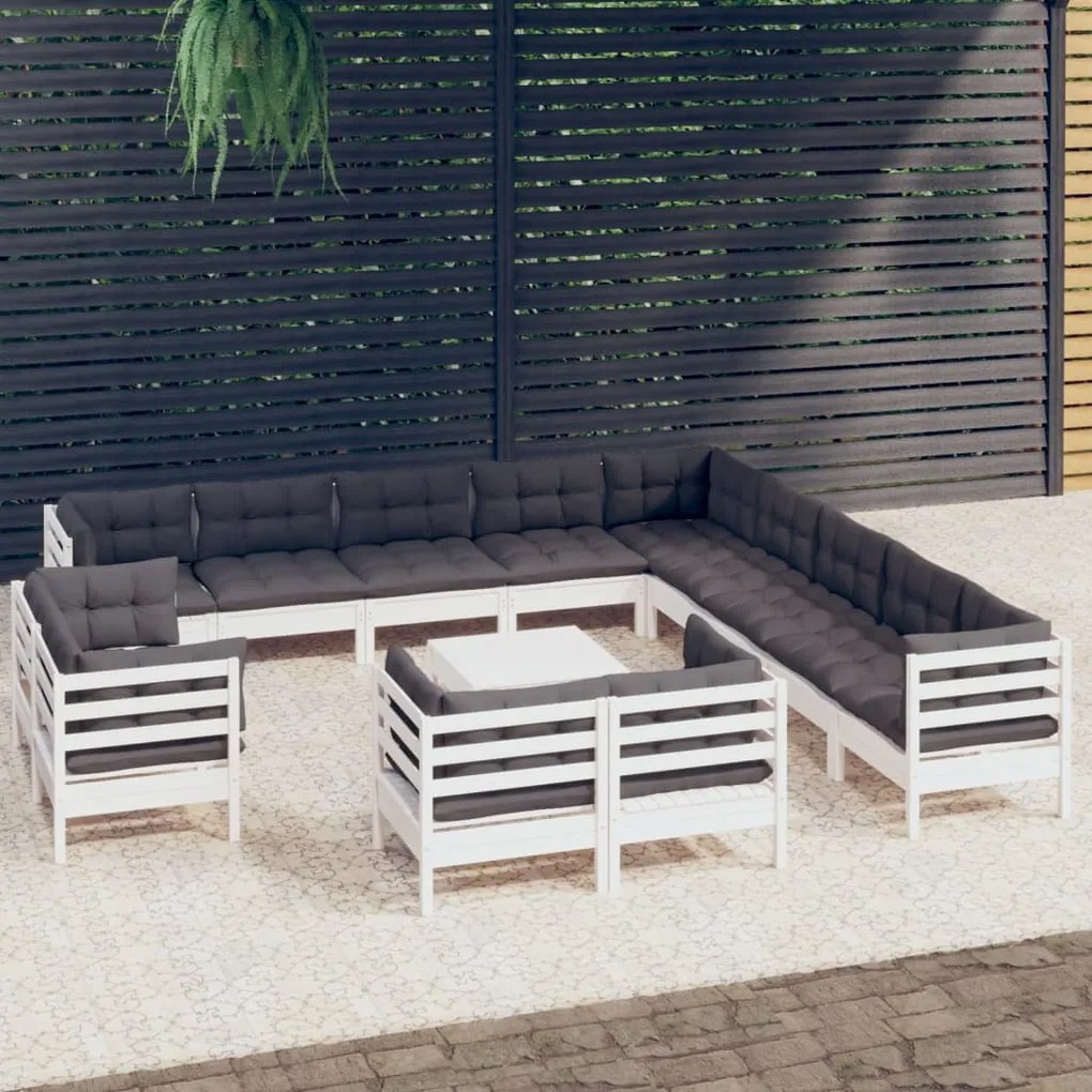 vidaXL 14 pcs conj. lounge de jardim c/ almofadões pinho maciço branco