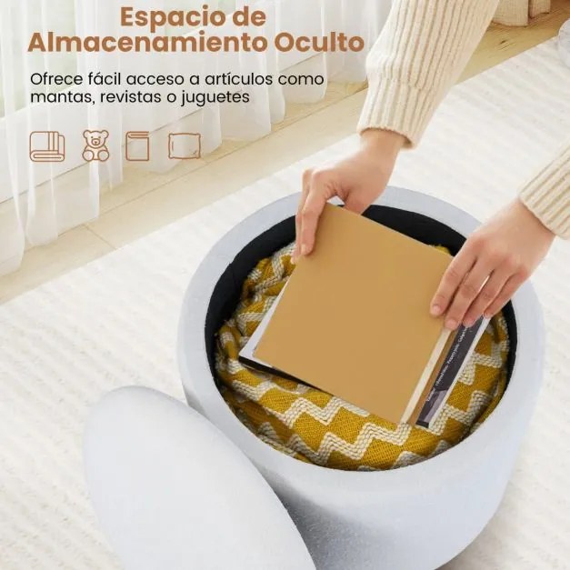 Banco redondo com arrumação 35 L oculta estofado em chenille, tampo removível e pernas de madeira para sala ou quarto branco