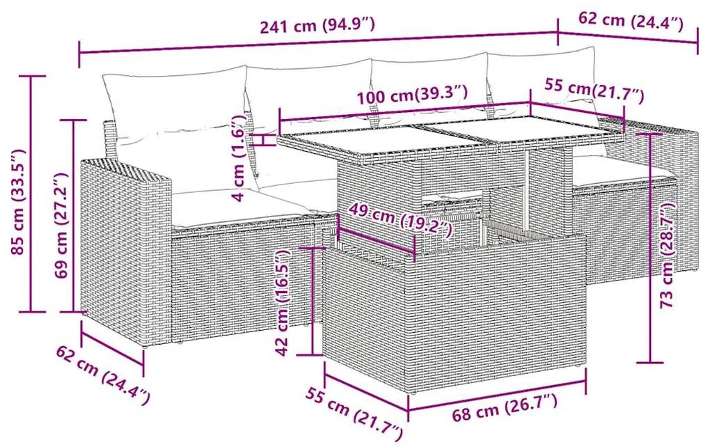 5 pcs conjunto de sofás p/ jardim com almofadões vime PE bege