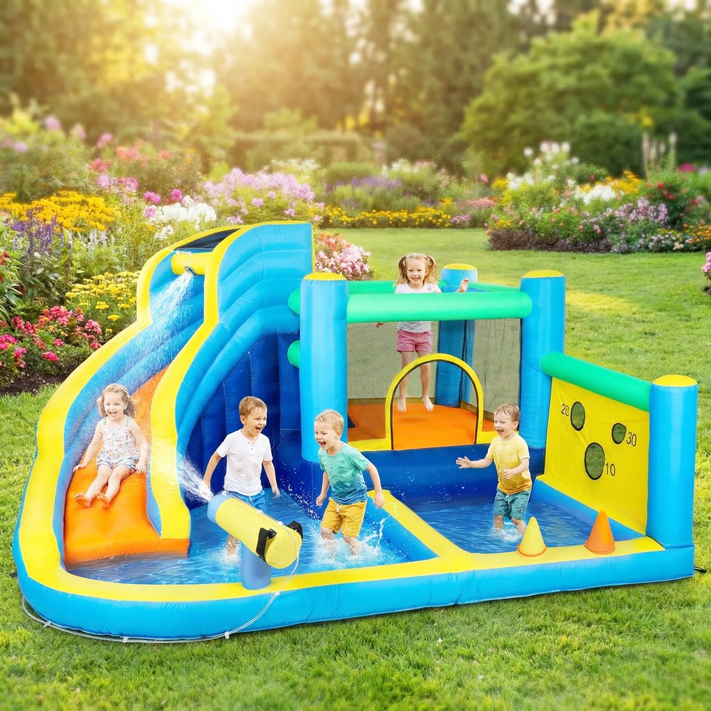 Castelo Insuflável Aquático 8 em 1 com Soprador 550W Escorrega Trampolim Escalada Piscinas Cesto Lançamento de Argolas