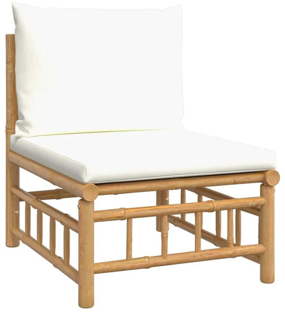 Sofá de centro de jardim bambu com almofadões branco nata