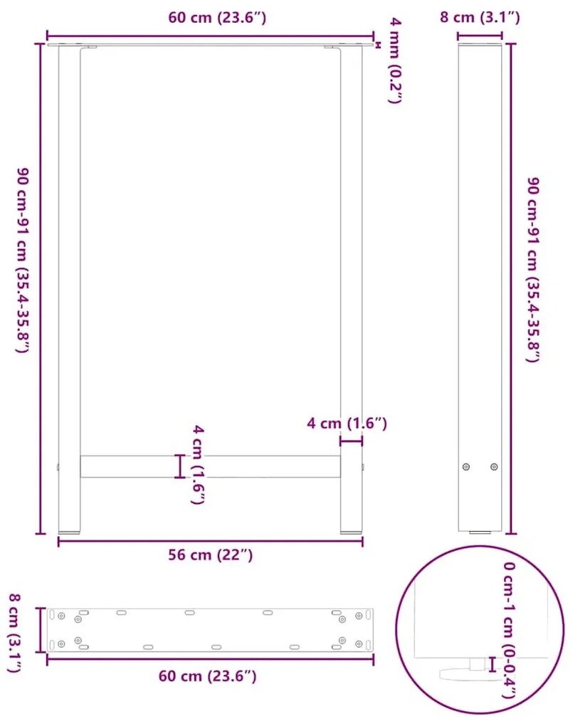 Pés para mesa de bar pretos 2 peças 60x(90-91) cm aço