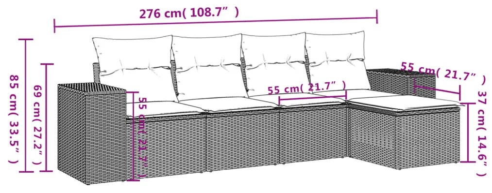 5 pcs conjunto sofás de jardim com almofadões vime PE preto