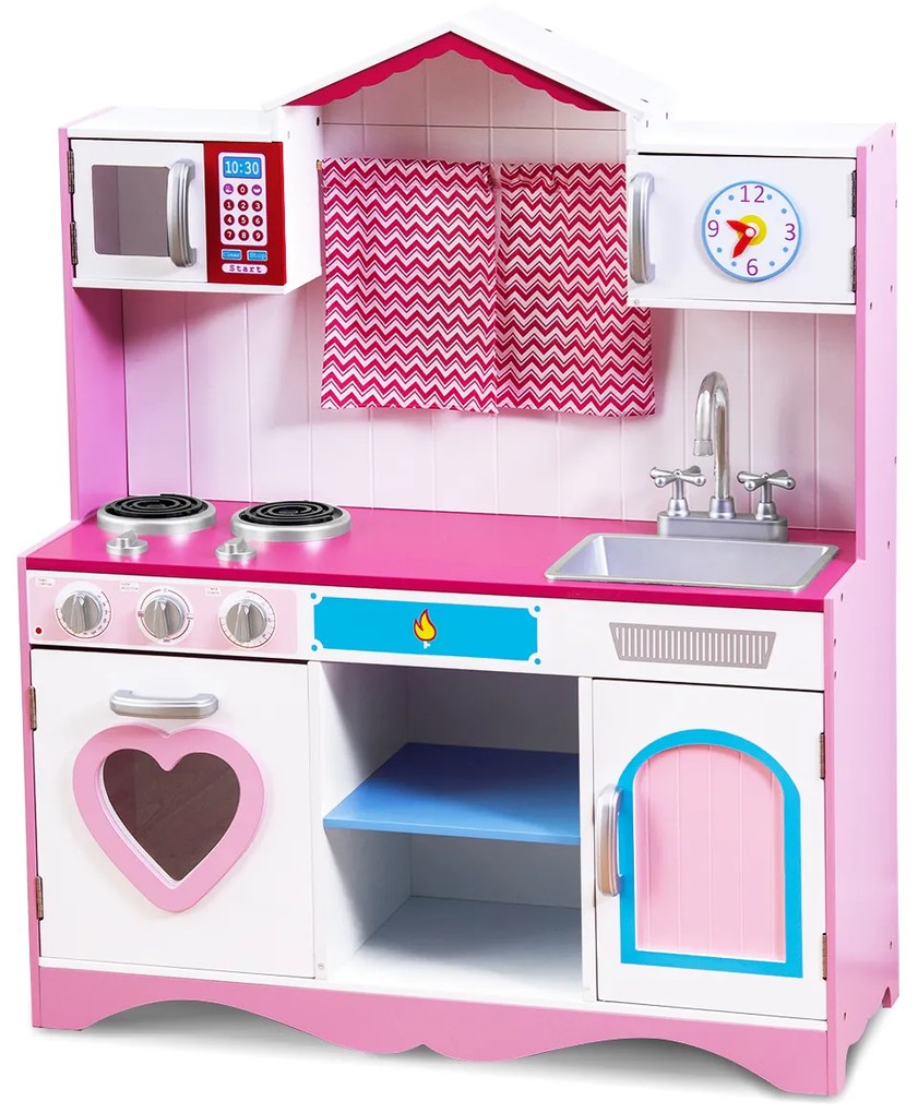 Cozinha de brincar de madeira para crianças com lava-loiça e torneira com forno micro-ondas e fogão Som realista Rosa + Branco