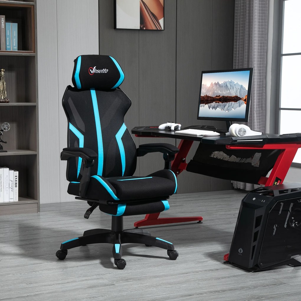 Cadeira de Gaming com Apoio para os Pés Retrátil Cadeira de Escritório Reclinável com Apoio para a Cabeça e Altura Ajustável 65x65x119-129cm Preto e A