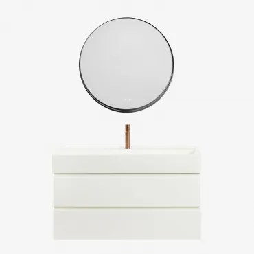 Conjunto De Móvel De Casa De Banho Suspenso Em Madeira E Folha De Freixo Com Lavatório Integrado Ona Branco & Redondo Led - Sklum