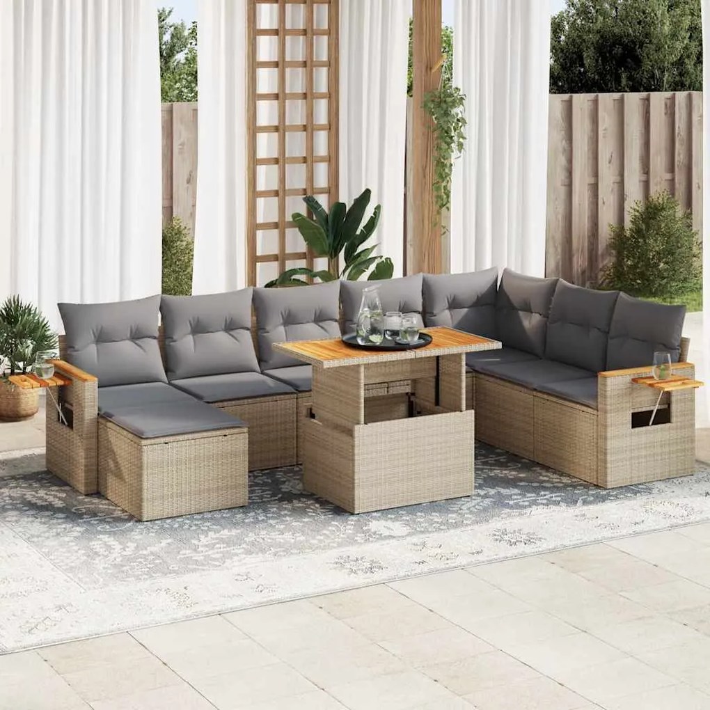 9 pcs conjunto sofás jardim com almofadões vime PE/acácia bege