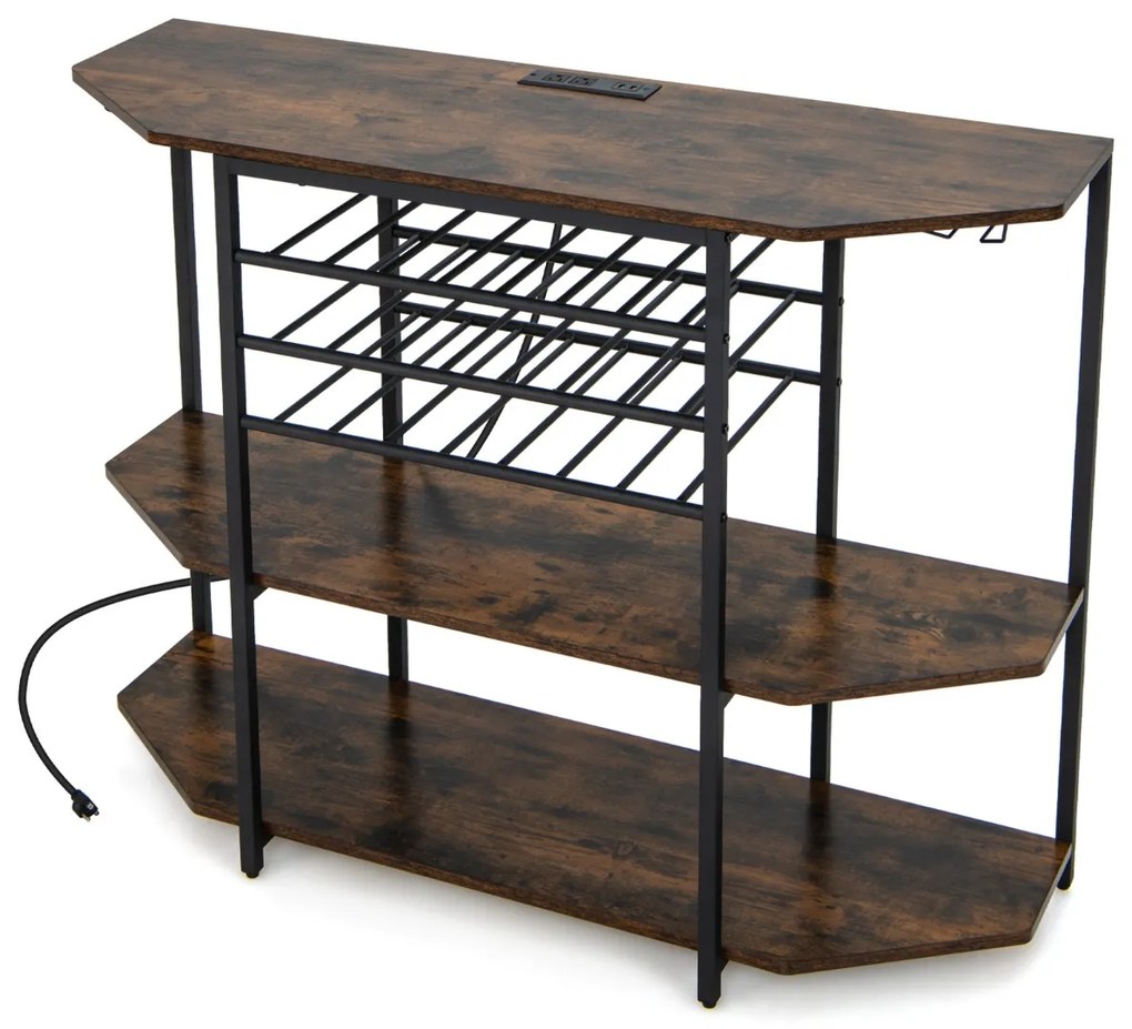 Garrafeira Armário para vinhos Estante de 3 níveis para vinhos com suportes para copos Tomadas eléctricas Estante para vinhos de bar 120 x 40 x 92 cm