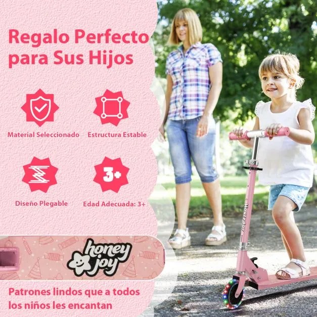 Trotinete dobrável para crianças com 2 rodas intermitentes Guiador ajustável Sistema de travão traseiro Rosa
