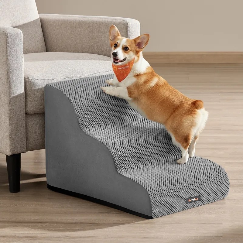 Escada para cães 57 x 40 x 40 cm com revestimento antiderrapante e 3 degraus cinza 