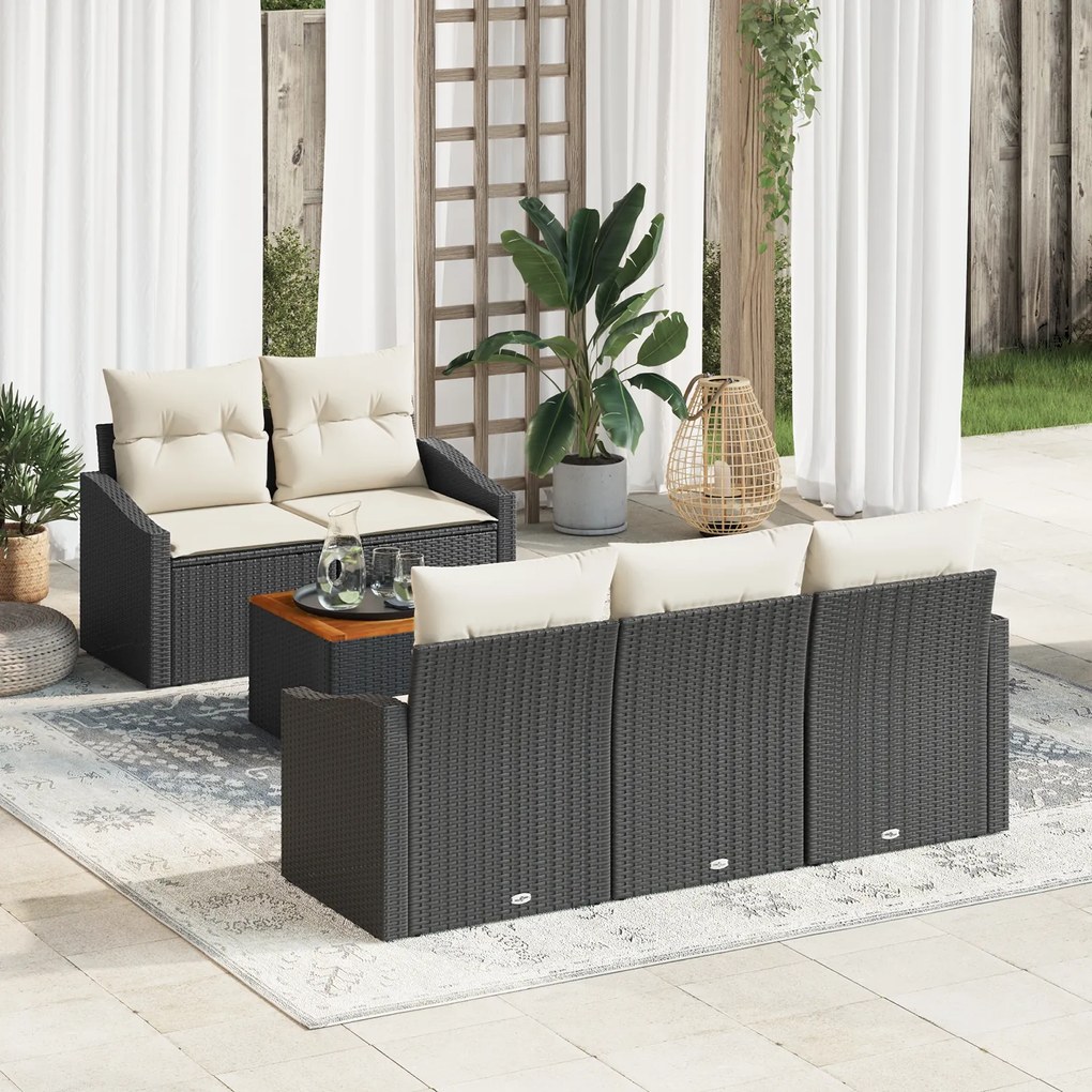 Conjunto de Sofás de Jardim de 6 Peças com Almofadas Preto Rattan Poli