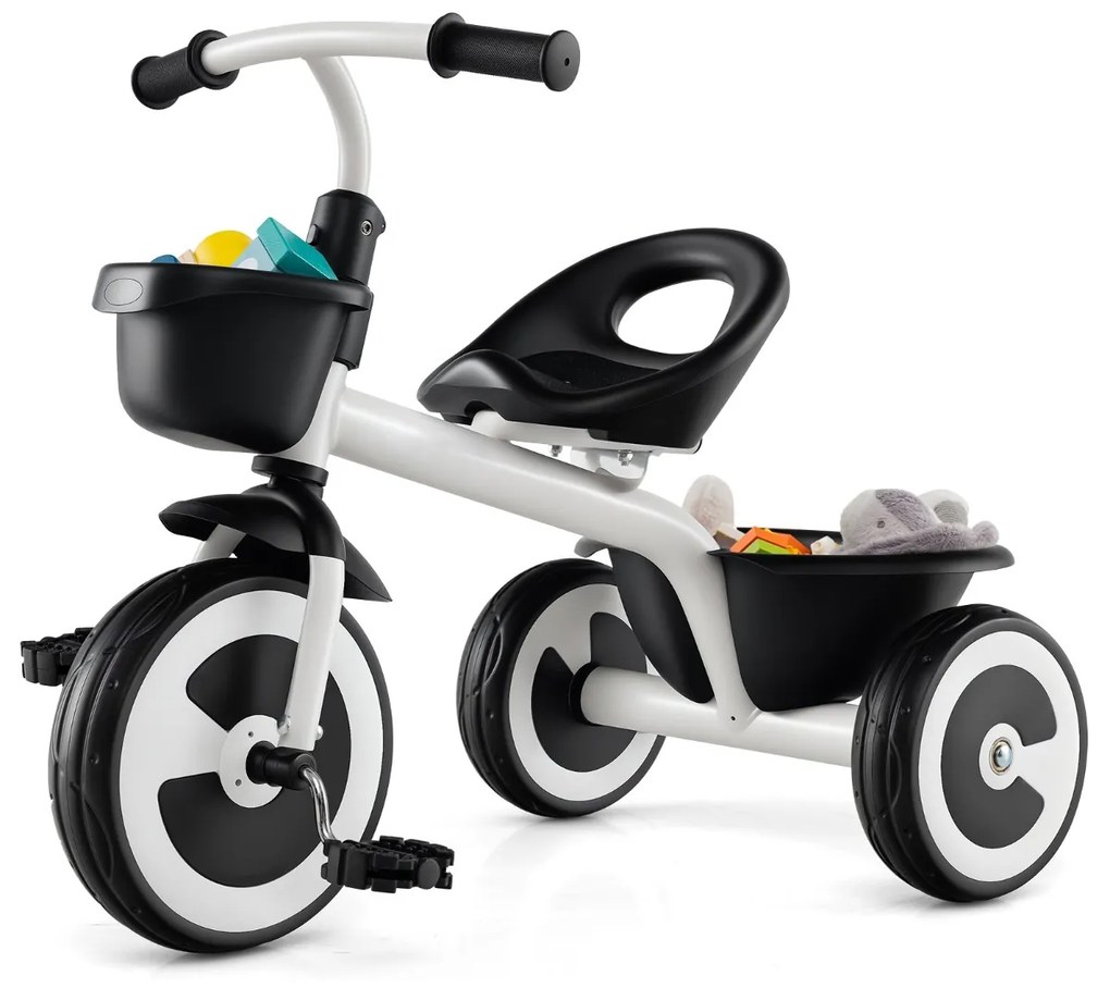 Triciclo infantil de 3 rodas com assento ajustável, cestos dianteiro e traseiro, estrutura em ferro, para 1,5 a 5 anos Branco