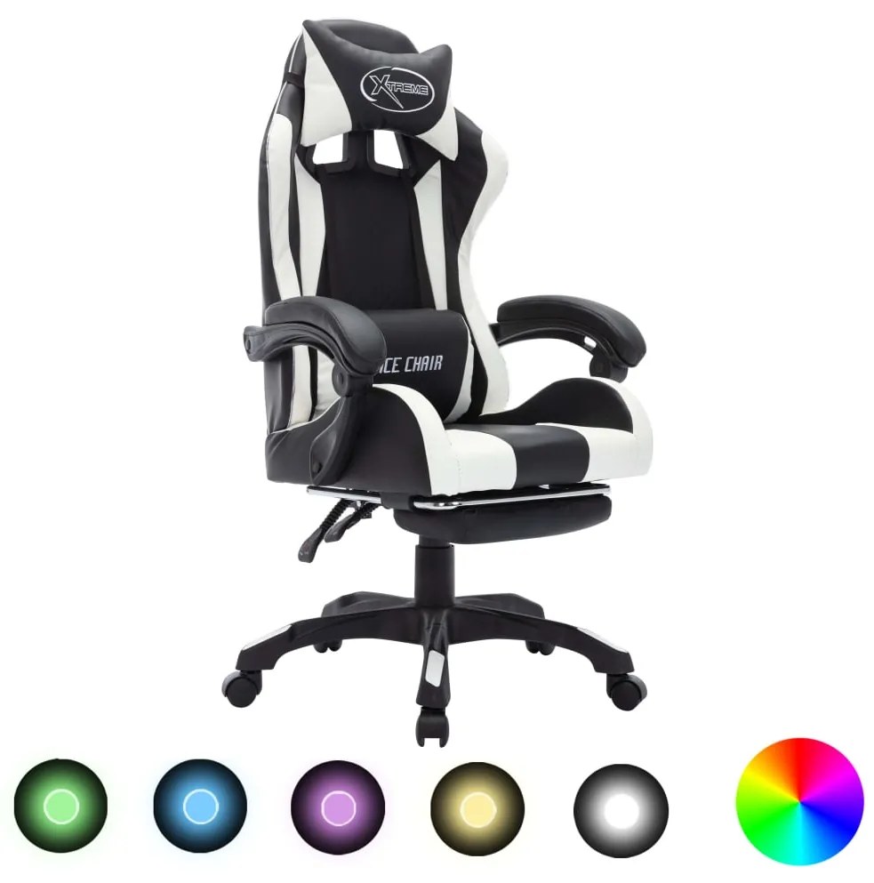 vidaXL Cadeira estilo corrida luzes LED RGB couro artif. branco/preto