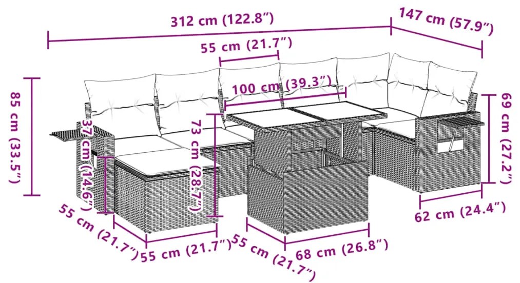 8 pcs conjunto sofás de jardim c/ almofadões vime PE cinzento