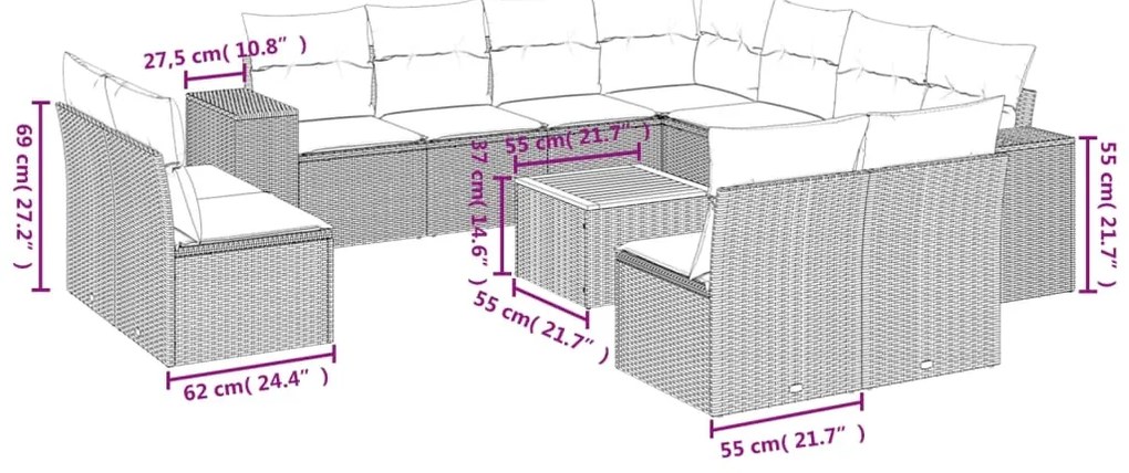 12 pcs conjunto de sofás de jardim c/ almofadões vime PE preto