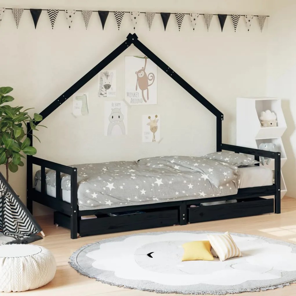 vidaXL Estrutura cama infantil c/ gavetas 90x190 cm pinho maciço preto