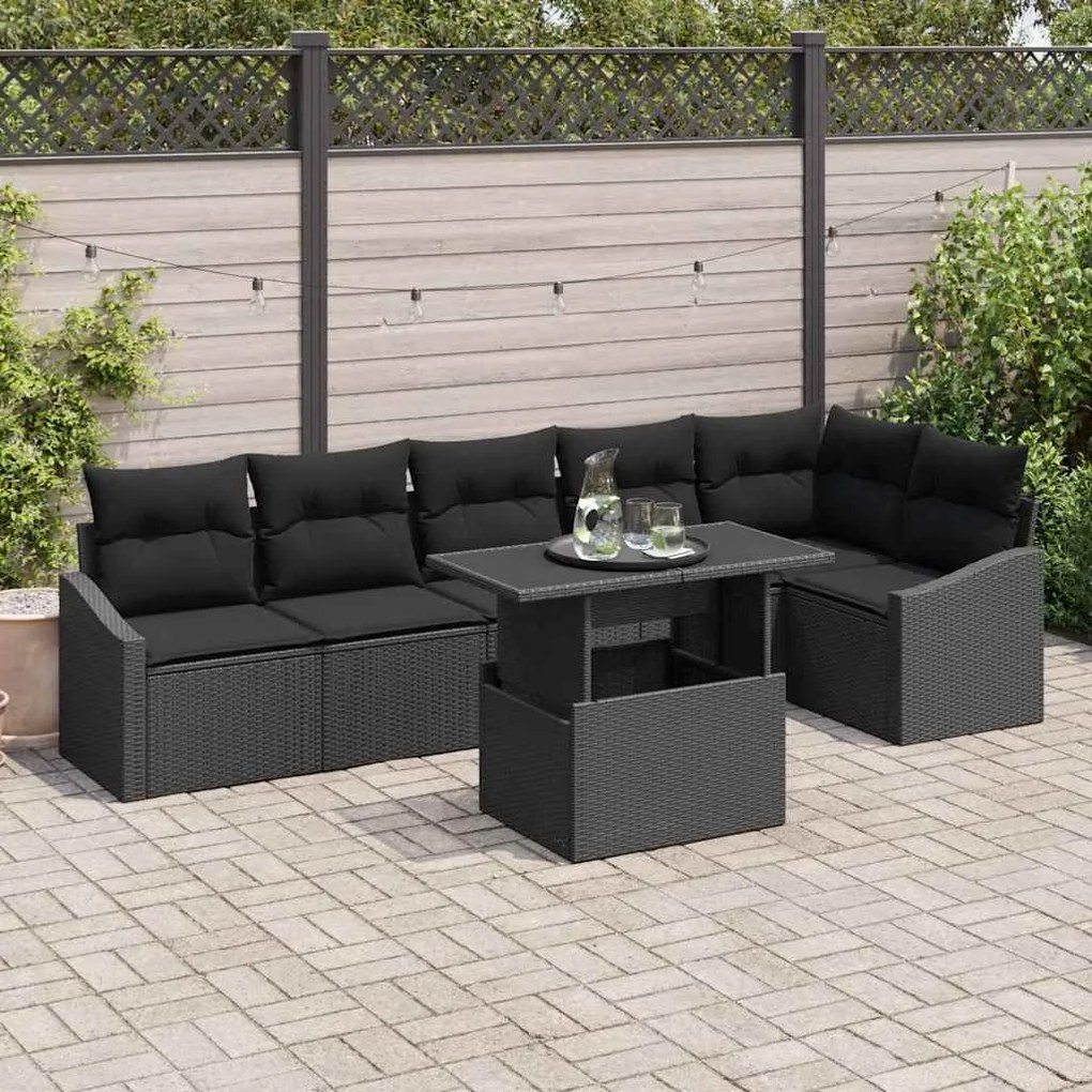 vidaXL Conjunto de Sofá de Jardim com 7 Peças e Almofadas Pretas em Rattan Sintético