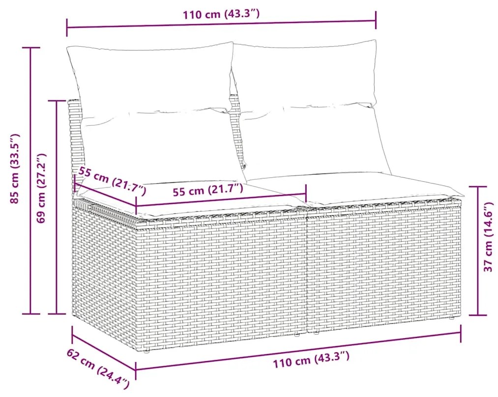 2 pcs conjunto sofás jardim almofadões vime PE/acácia cinzento