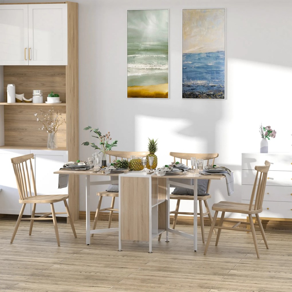 Mesa Dobrável (CADEIRAS NÃO INCLUIDAS) de Arrumação 4 Prateleiras para Sala de Jantar Sala de Estar Mesa Auxiliar de Madeira 169x62x75 cm Carvalho e B