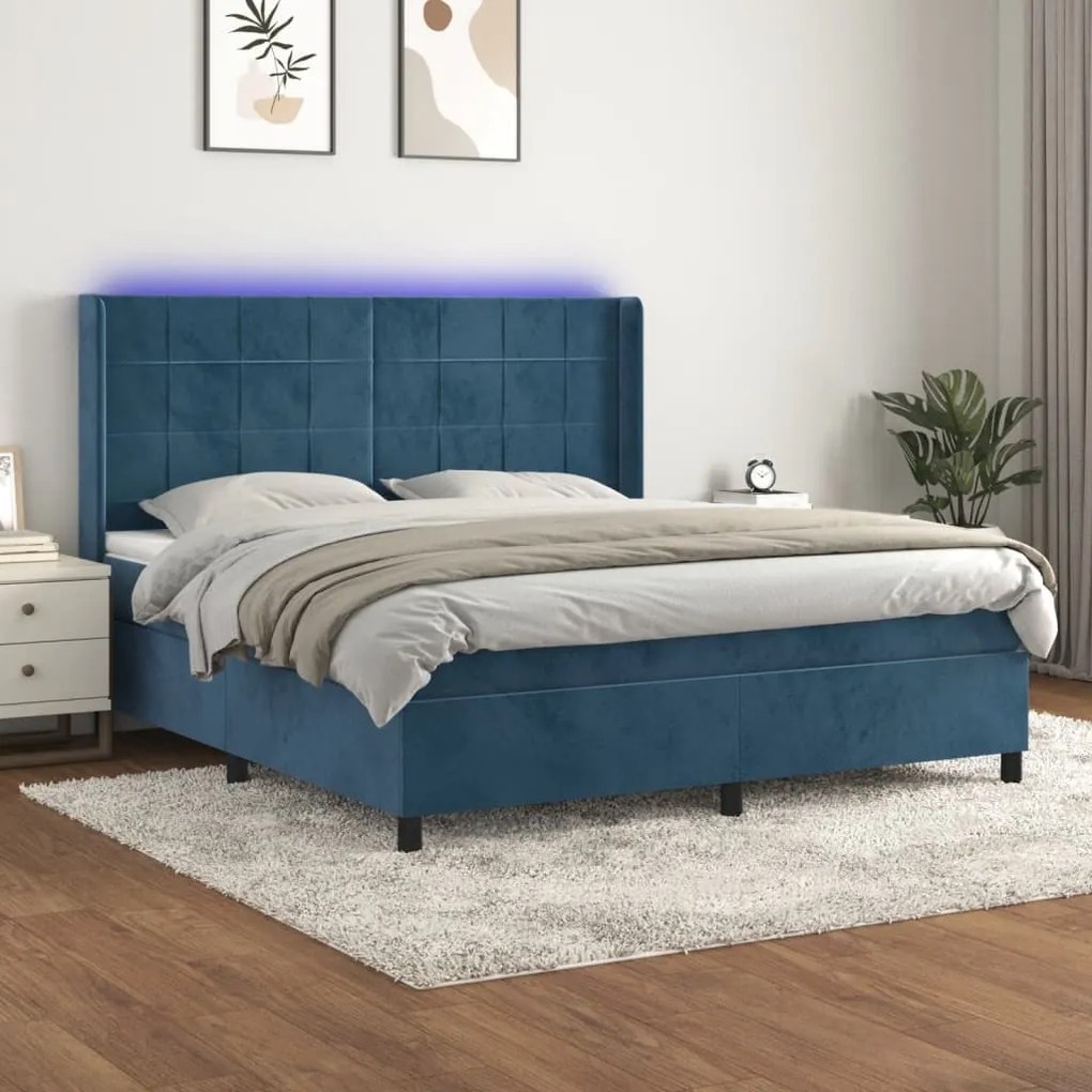 3139581 vidaXL Cama box spring c/ colchão/LED 180x200 cm veludo azul-escuro