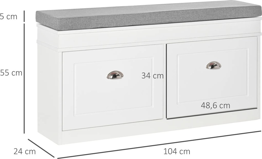 Banco Sapateiro com Armazenamento para 8 Pares de Sapatos com 2 Gavetas Prateleiras Ajustáveis e Almofada Acolchoada para Entrada Corredor 104x24x55cm
