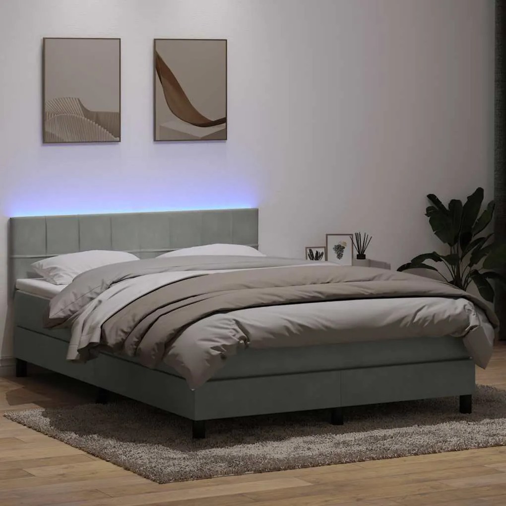 vidaXL Cama box spring c/ colchão e LED 140x220 cm veludo cinzento-claro
