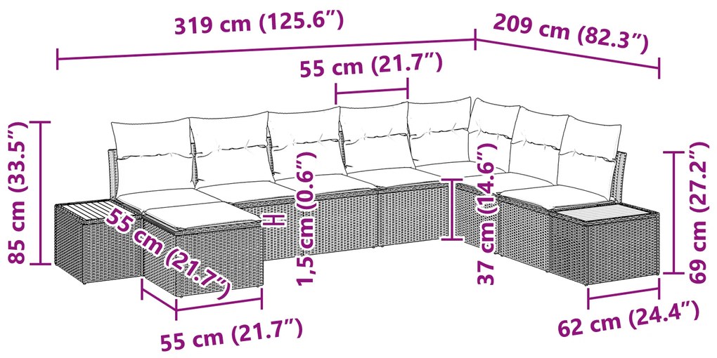 Conjunto de Sofás de Jardim de 8 Peças com Almofadas Preto Vime PE Acá