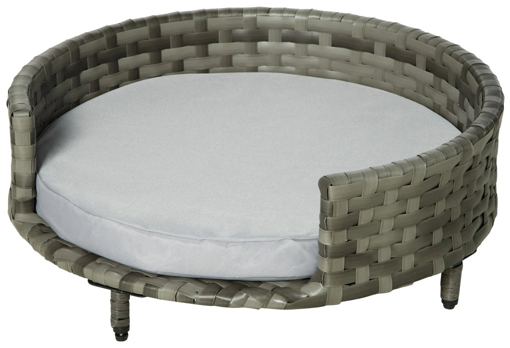 PawHut Sofá Cama para Cães e Gatos de Vime PE Cama Elevada Redonda para Animais de Estimação com Almofada Suave Lavável para Interior e Exterior 60x60x20cm Cinza
