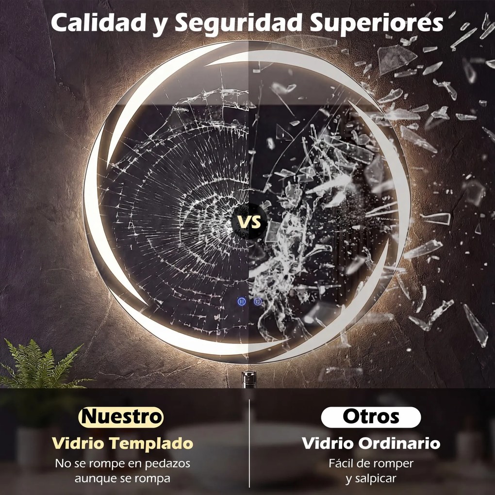 Espelho LED redondo de 60 cm para casa de banho, com luzes de 3 cores, antiembaciamento e luz traseira regulável, prateado