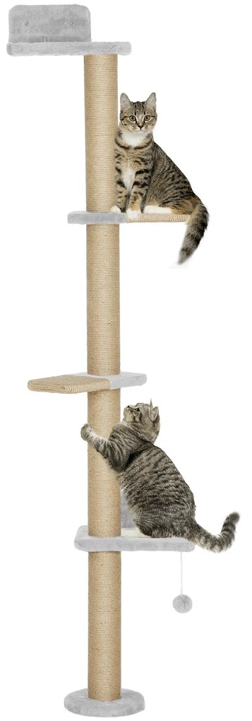 Arranhador para Gatos de Parede de 5 Níveis Estreito com Bola e Arranhadores de Sisal 48x21x180 cm Cinza Claro