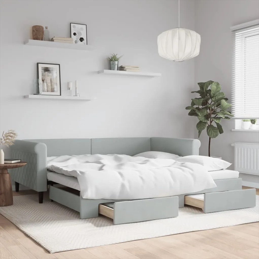 Sofá-cama c/ gavetão e gavetas 100x200 cm veludo cinzento-claro