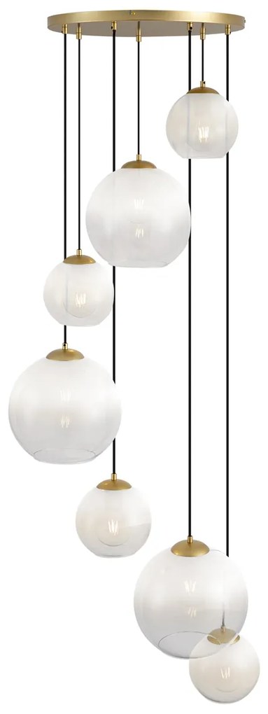 Candeeiro suspenso Hotel Chic latão com vidro branco redondo 7 luzes - Misty Chique de hotel