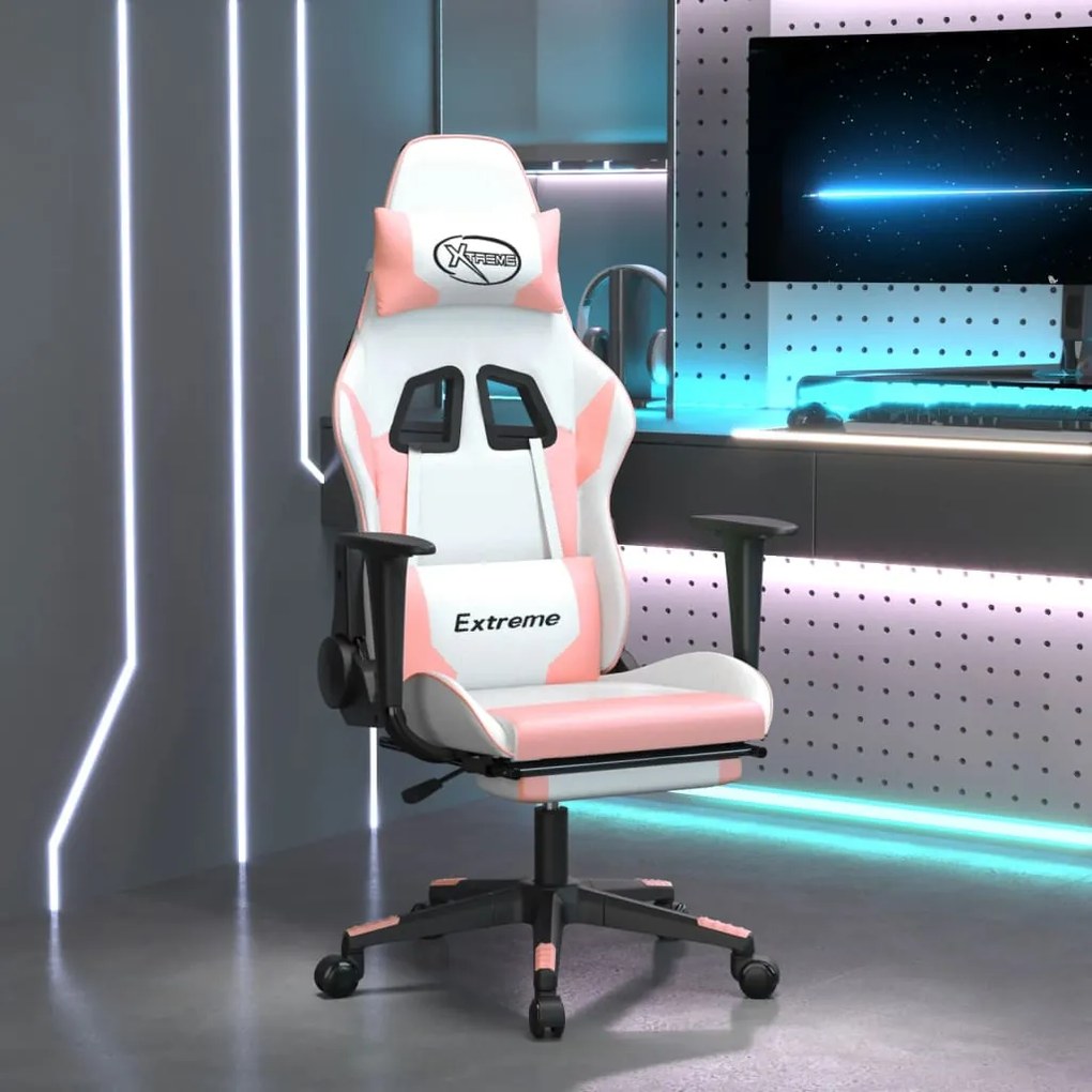 Cadeira gaming massagens c/ apoio pés couro artif. branco/rosa