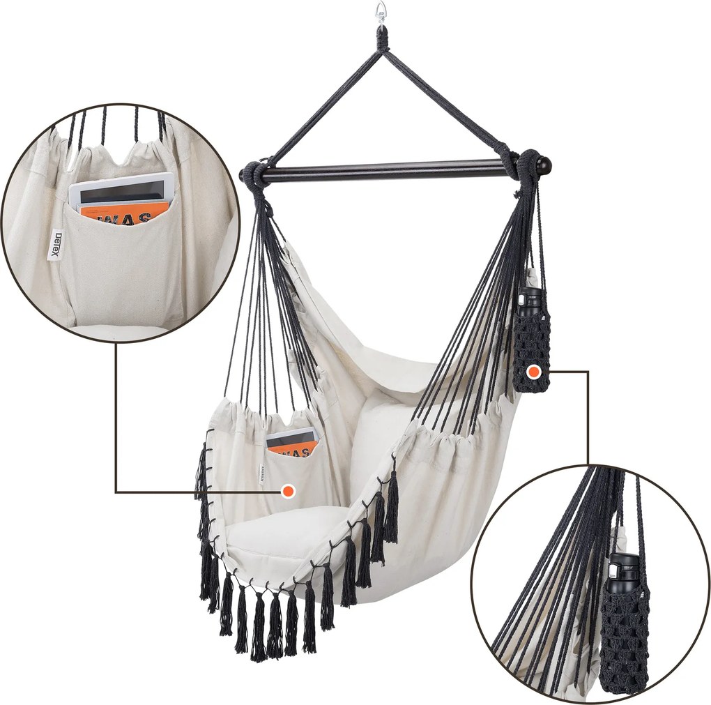 Cadeira suspensa 170x100x150cm com almofadas creme