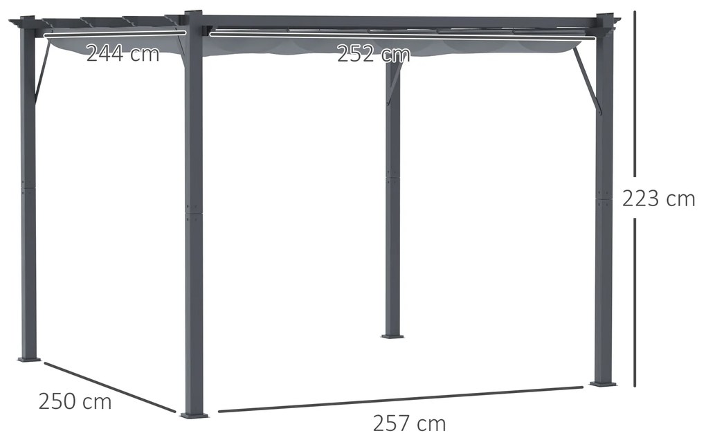 Pérgola de Jardim 300x300x223 cm com Toldo de Poliéster Retrátil e Estrutura de Alumínio para Exterior Pátio Cinzento