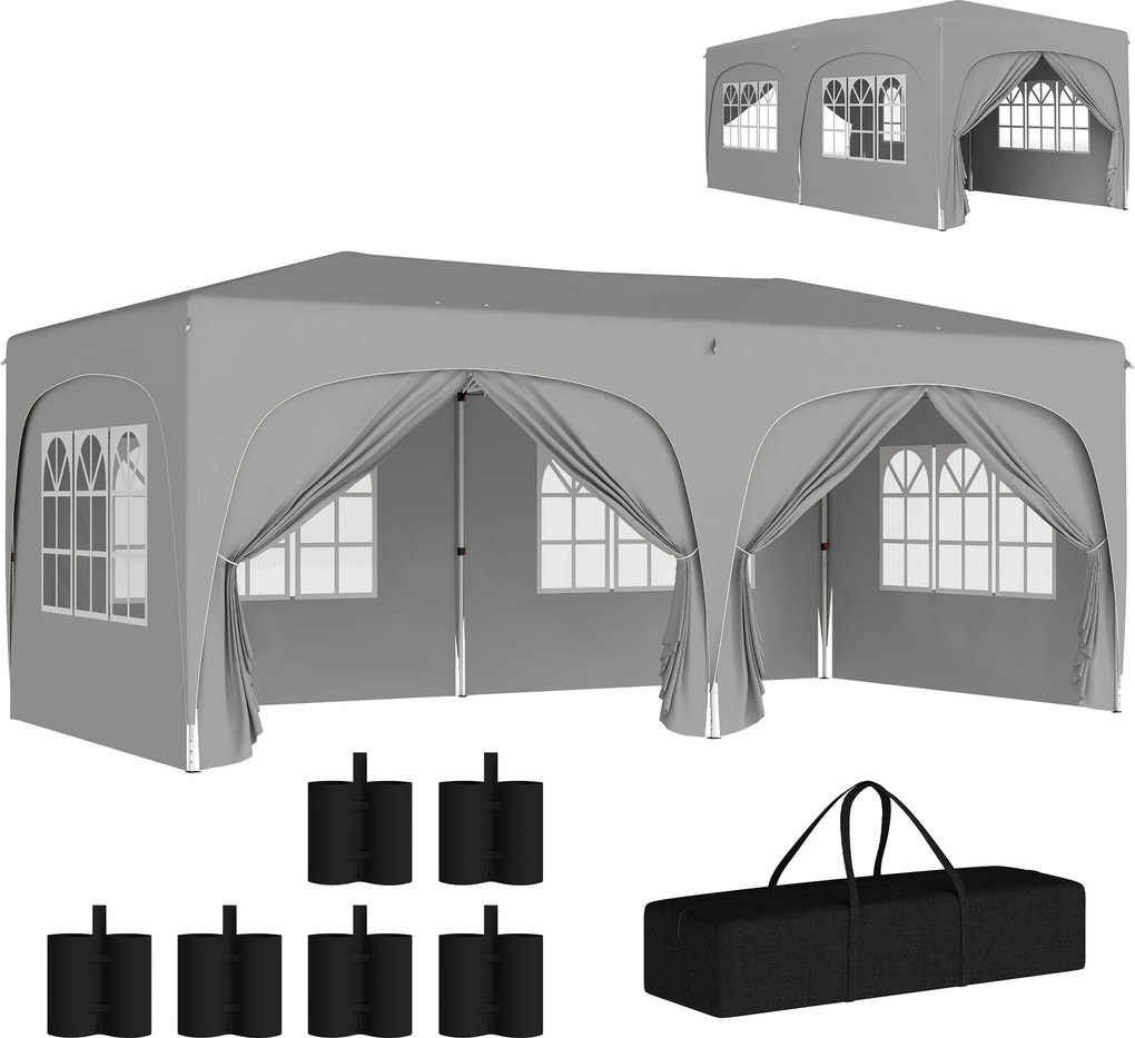 Outsunny Tenda dobrável 3 x 6m Pop Up, UPF50+ Altura ajustável, com saco de transporte e sacos de areia, Cinza claro | Aosom Portugal