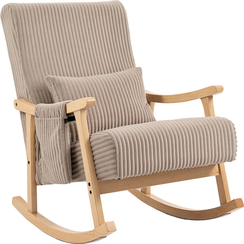 HOMCOM Poltrona Baloiço Moderna em Veludo Cotelê com Apoio para os Braços Almofada Lombar e Bolso Poltrona de Amamentação 65x90x98 cm Castanho Claro | Aosom Portugal