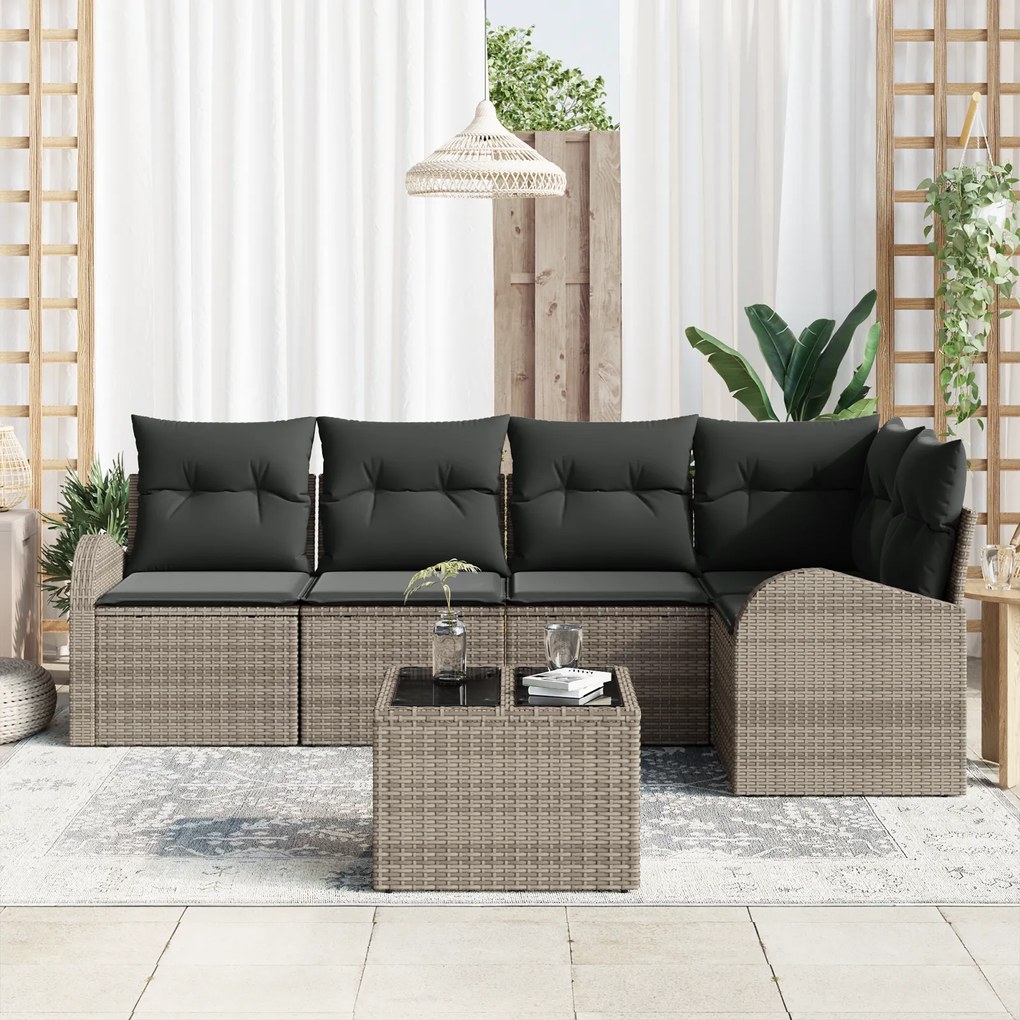 Conjunto de Sofá de Jardim de 5 Peças com Almofadas Preto Rattan Sinté