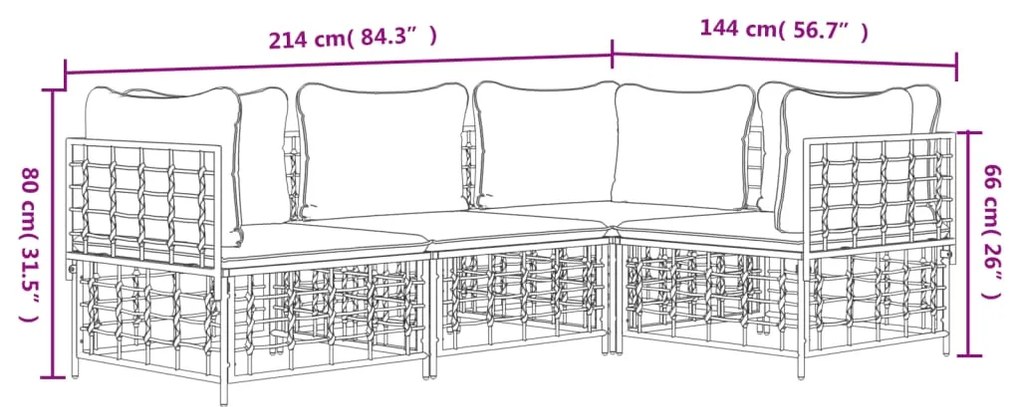4 pcs conjunto lounge de jardim c/ almofadões vime PE antracite
