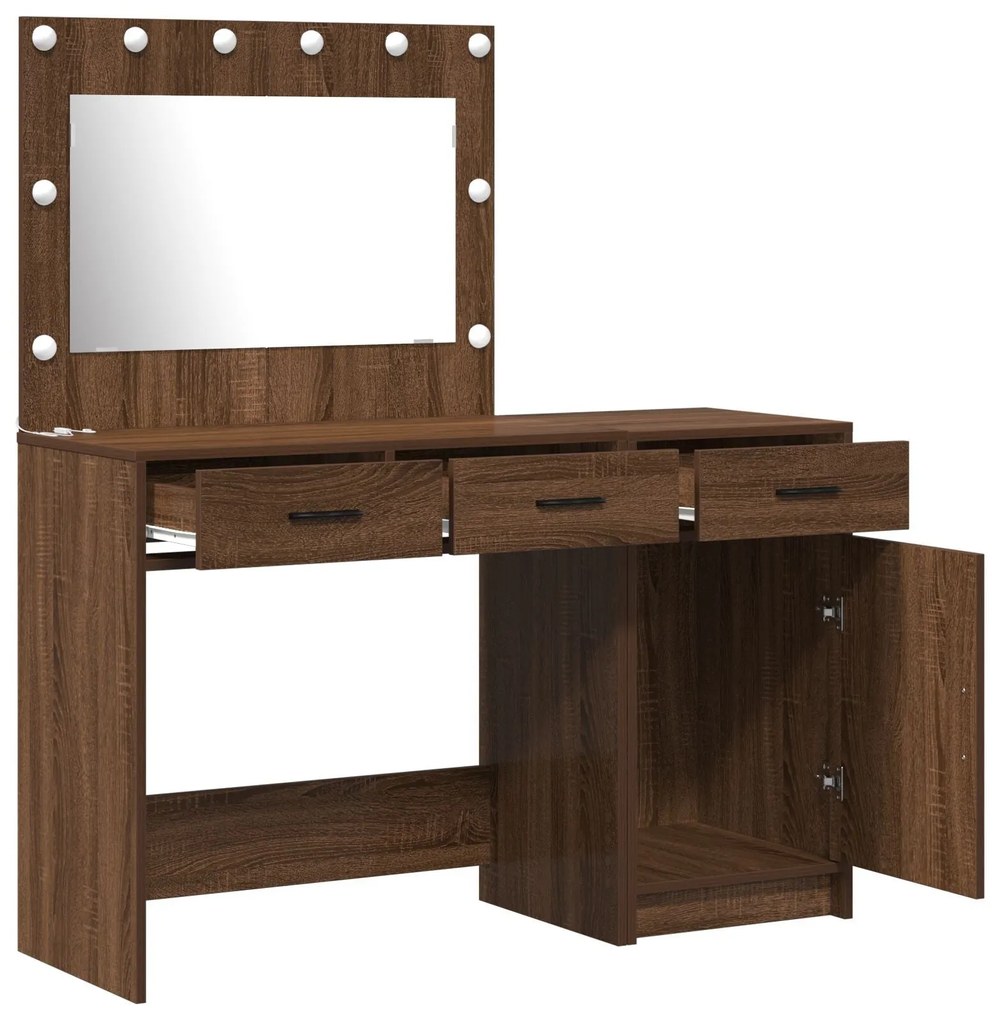Conjunto de Mesa de Maquiagem de 2 Peças com LED em Madeira de Carvalh