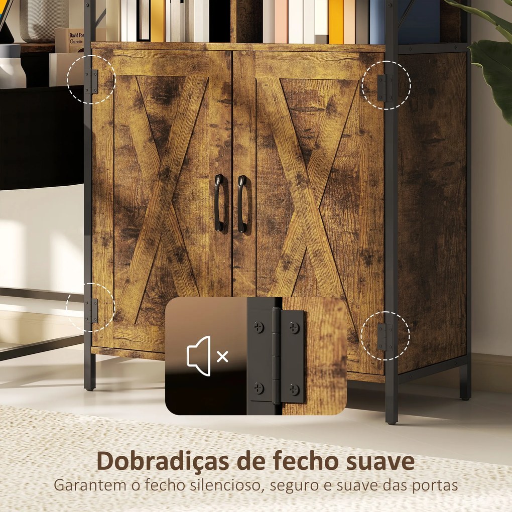 Estante de 6 Níveis Estante de Livros com Compartimentos Abertos 2 Portas Estilo Industrial 75x34x172 cm Castanho Rústico