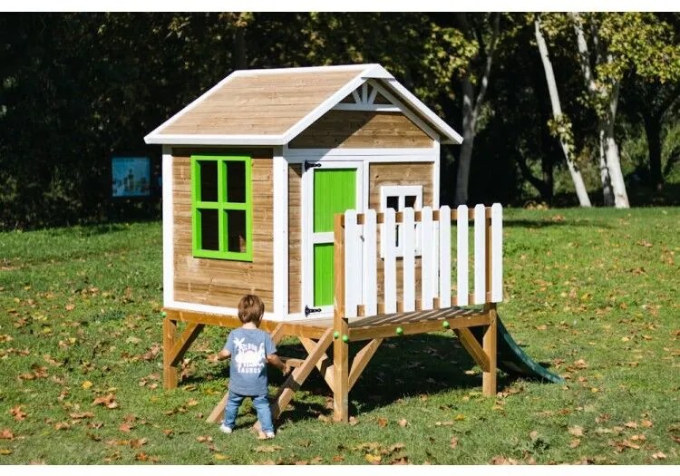 Casa de brincar para crianças  200 x 209,5 x 225,5 cm de madeira em painéis FLAM elevada 60 Com escorrega Rosa