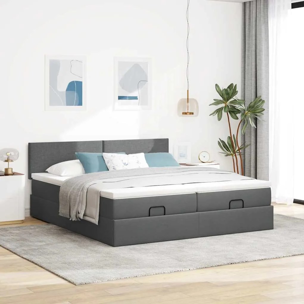 Estrutura de cama otomana com colchões tecido cinzento escuro