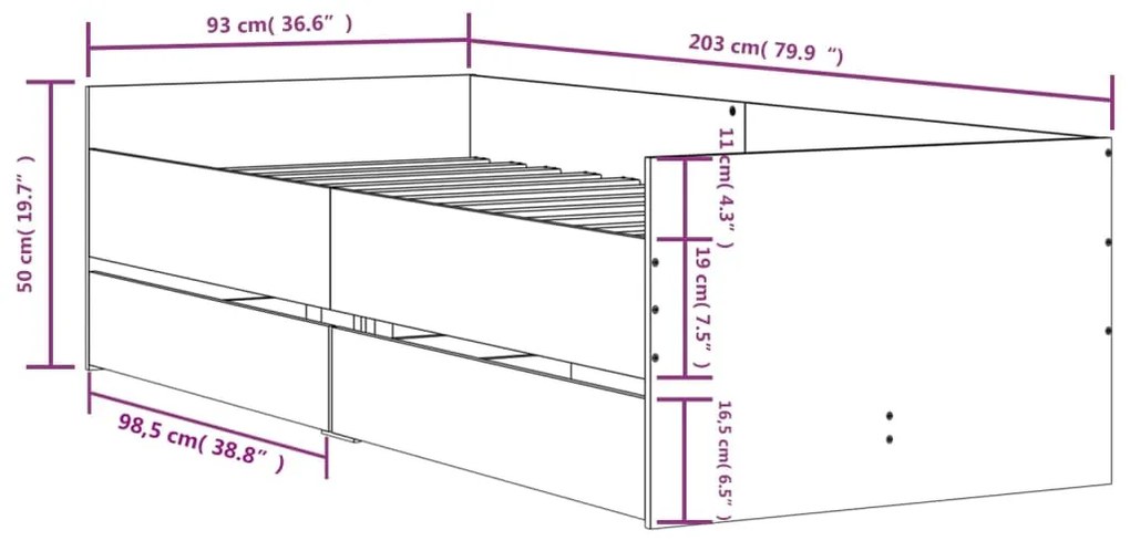 Estrutura de cama com gavetas 90x200 cm carvalho castanho