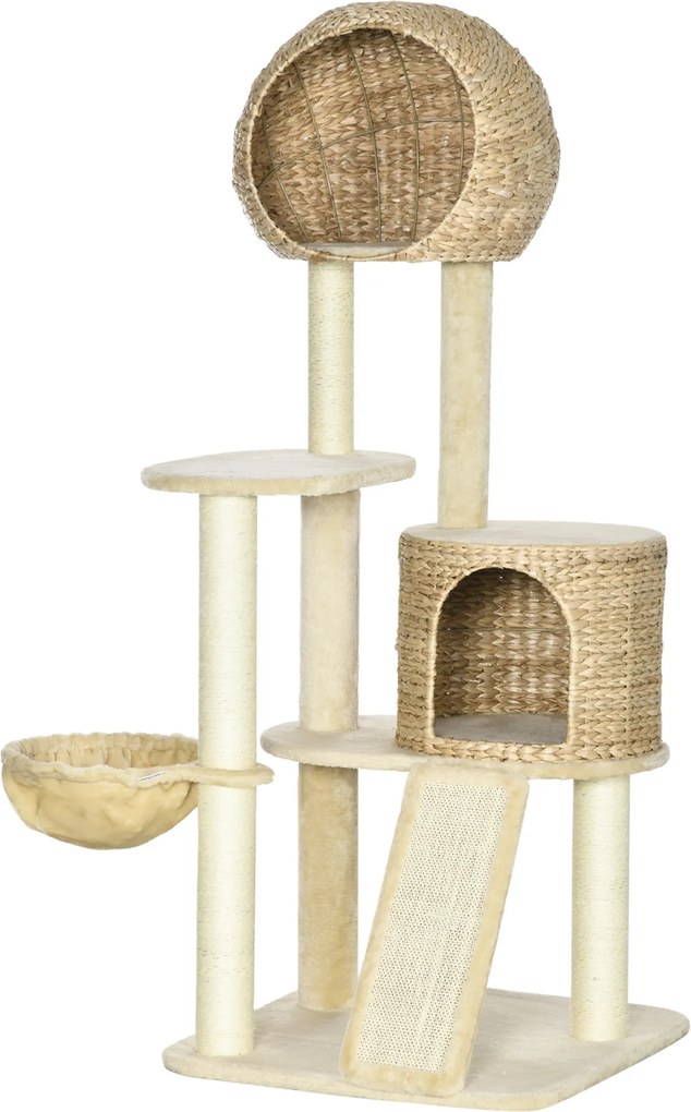 Arranhador para gatos com arranhador de sisal natural, 2 nichos, plataforma, rede e peluche 60 x 60 x 150 cm, bege