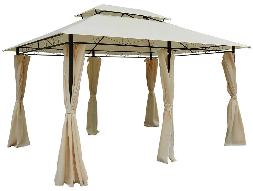 Pérgola de Jardim com Estrutura de Aço Teto Duplo 6 Cortinas Laterais 8 Orifícios de Drenagem 300x400x280 cm Creme