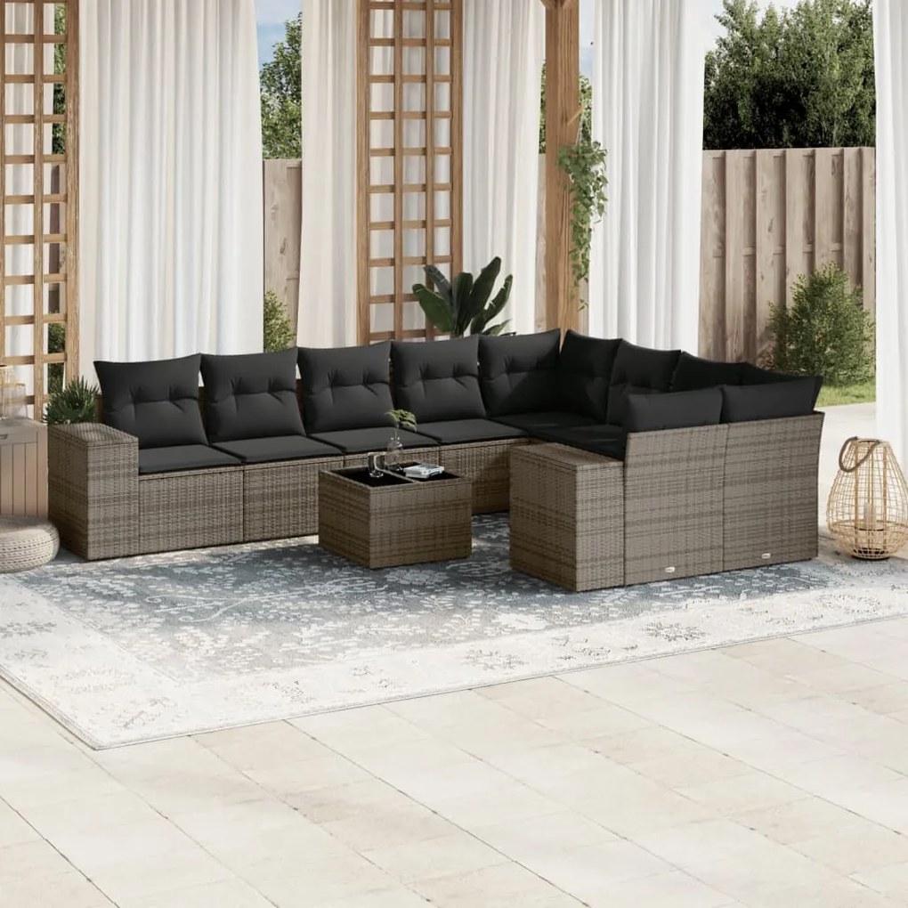 10 pcs conjunto sofás de jardim c/ almofadões vime PE cinzento